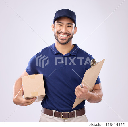 Portrait of delivery man isolated on studio background courier services, supply chain and clipboard checklist. Asian worker, business or logistics person with package in Korea distribution of product 118414155