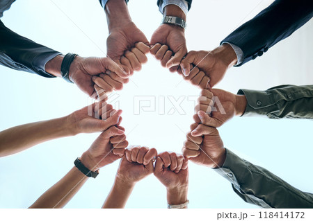 Fist, hands and business group outdoor with collaboration, teamwork and success sign. Below, team and solidarity of employee people with goal, target and workforce circle for support and motivation 118414172