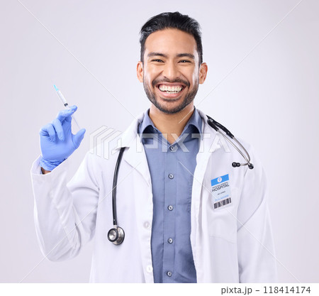 Healthcare portrait, happy man and doctor with syringe, vaccine needle or injection cure for covid, monkeypox or disease. Medical studio, hospital and science innovation medicine on grey background Healthcare portrait, happy man and doctor with syringe, vaccine needle or injection cure for covid, monkeypox or disease. Medical studio, hospital and science innovation medicine on grey background 118414174