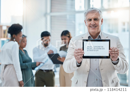 Strategy, growth and business man with tablet, screen and words for planning, advertising and marketing. Corporate office, mockup and senior ceo portrait with digital tech for blog, website and goals 118414211