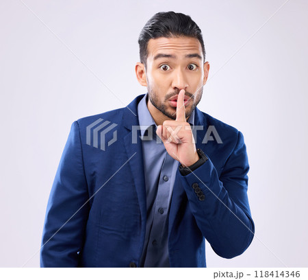 Portrait, business man and finger on lips in studio, background and privacy secret. Male employee, silence hands and quiet mouth for shush sign, gossip or whisper in silent emoji of corporate mystery 118414346