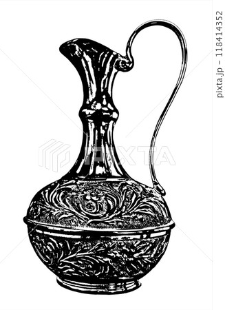 Oriental style jug. Black and white image of an oriental jug. Oriental style jug. Black and white image of an oriental jug. 118414352