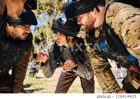 Mission, paintball or team in huddle planning strategy goals, or soldier training on war battlefield. People, community or army soldiers talking for support, collaboration or military group together 118414425
