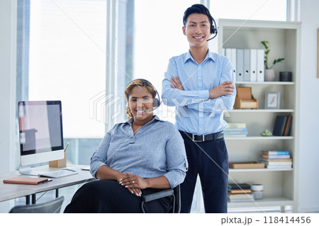 Call center, happy and portrait of business people in office for customer service, contact us and telemarketing. Smile, advice and help desk with Asian man and woman for communication and networking 118414456