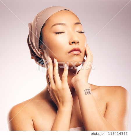 Asian woman, beauty and skincare in studio for makeup, glow, soft touch and cosmetic results by background. Japanese model, girl and eyes closed for wellness, aesthetic and change for skin health 118414555