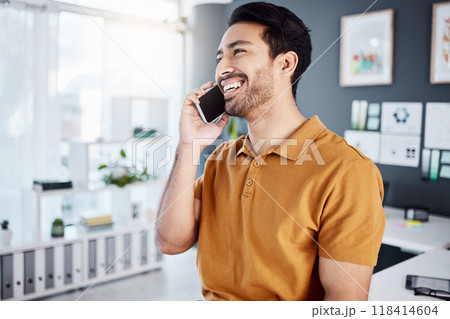 Office phone call, happy or business man talking, speaking on networking conversation with communication contact. Professional, happiness or consulting person smile on mobile smartphone discussion 118414604