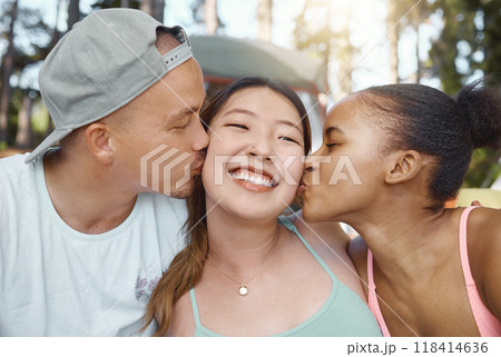 Group, young friends and camping in woods with kiss, love and diversity on summer vacation in nature. Man, women and multicultural with solidarity, smile and together for adventure, holiday or forest 118414636