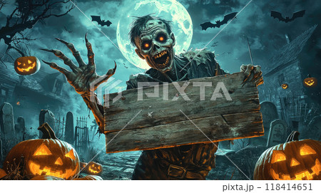 Vintage wood sign for your text and scary dead zombie at night, spooky pumpkins and graves at cemetery on Halloween. Concept of horror, board, dead, party, ads, background 118414651