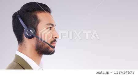 Call center, man and face profile with headset and mic, CRM and contact us with mockup space. Communication, customer service or tech support with telemarketing and serious male on studio background 118414675