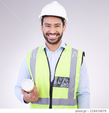 Portrait of construction worker man isolated on a white background engineering, architecture and design career. Happy face of asian builder, contractor or industrial person with safety gear in studio Portrait of construction worker man isolated on a white background engineering, architecture and design career. Happy face of asian builder, contractor or industrial person with safety gear in studio 118414679