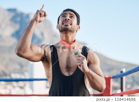 Winning, boxing medal and a man with thanks to God, celebration and sports gratitude. Success, young and a boxer with pride and award from a sport competition and grateful to commitment of a prize 118414698
