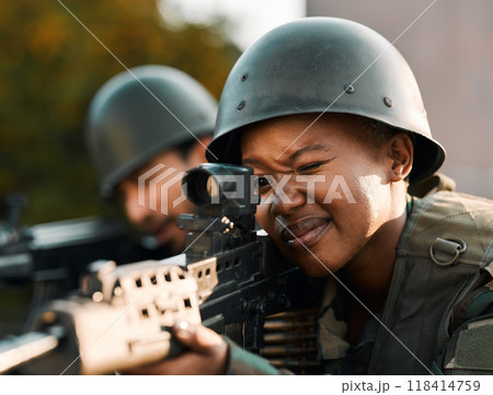 Army, people and gun for training, defense or power on rooftop for aim, shooting or practice. Military, weapon and black woman with man soldier and sniper rifle for war, target or protection team 118414759