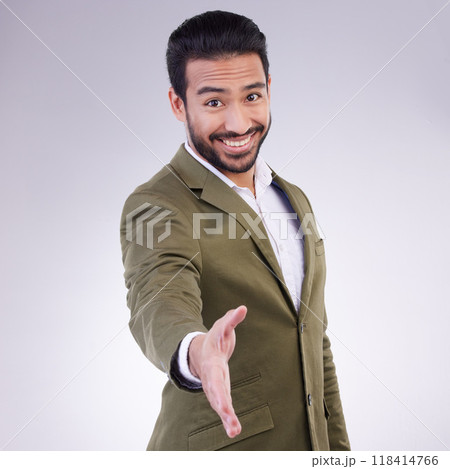 Thank you portrait of businessman handshake gesture with a smile and happy isolated in a studio white background. Professional, employee and man corporate worker shaking hand offer to welcome 118414766
