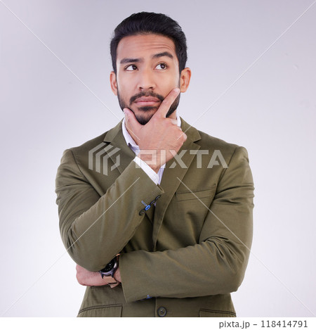 Business man, hand on face and thinking in studio with ideas or strategy on a gray background. Serious asian male entrepreneur think while confused, doubt or contemplating question on mockup space 118414791