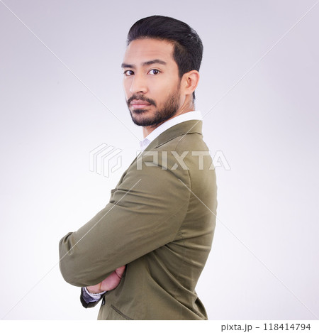 Business man, serious and portrait with arms crossed in studio with pride for career on gray background. Asian male entrepreneur with dedication and ambition for professional occupation mockup space 118414794