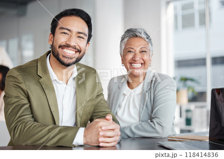 Business people, portrait smile and management at office for corporate leadership or partnership. Happy asian businessman and woman CEO smiling in teamwork, success or career ambition at workplace 118414836