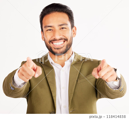 Portrait, asian man and pointing to you in studio, white background and hands for choice of business decision, winner or opportunity. Happy HR manager, finger emoji and vote of hiring for recruitment Portrait, asian man and pointing to you in studio, white background and hands for choice of business decision, winner or opportunity. Happy HR manager, finger emoji and vote of hiring for recruitment 118414838