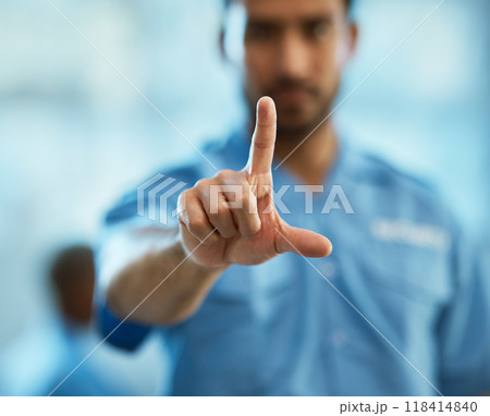 Medical, nurse and 3d with hand of man in hospital for hologram, digital interface and network. Medicine, healthcare and future with closeup of person for technology, innovation and ui system 118414840