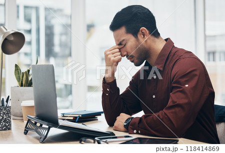 Laptop, headache or sad man stress over financial crypto problem, forex stock market crash or NFT investment mistake. Burnout profile, 404 fintech fail or tired man worry over bitcoin database glitch 118414869