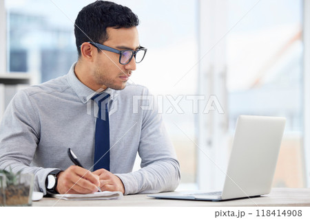 Writing, laptop and business man, accountant or employee with finance, budget and analysis or career notebook. Journal, bookkeeping notes and person reading financial report on computer for reminder 118414908