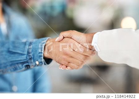 Creative people, handshake and partnership in teamwork for meeting or greeting together at office. Employees shaking hands for introduction or thank you in agreement, deal or welcome team in startup 118414922