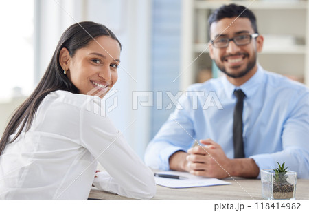Meeting, office and portrait of business people for interview, job vacancy and career opportunity. Corporate boss, recruitment and happy man and woman for hiring with resume, contract or CV documents Meeting, office and portrait of business people for interview, job vacancy and career opportunity. Corporate boss, recruitment and happy man and woman for hiring with resume, contract or CV documents 118414982