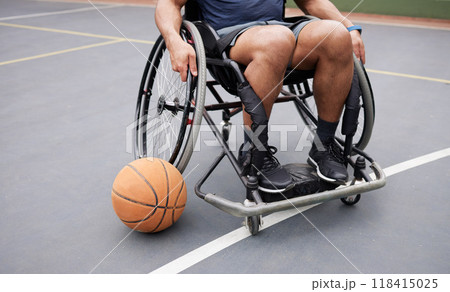 Wheelchair, sports and man with basketball at outdoor court for fitness, training and cardio. Exercise, closeup and person with disability at a park for game, workout and weekend fun or active match Wheelchair, sports and man with basketball at outdoor court for fitness, training and cardio. Exercise, closeup and person with disability at a park for game, workout and weekend fun or active match 118415025