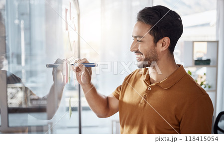 Happy man writing on glass for ideas, planning and project management goals or business schedule in office startup. Young, creative Asian person brainstorming on window for solution or development 118415054