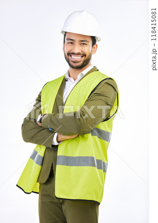 Construction, smile and portrait of engineer in studio with suit, vest and helmet on white background. Happiness, proud contractor with safety and confidence, professional Indian man with happy face. Construction, smile and portrait of engineer in studio with suit, vest and helmet on white background. Happiness, proud contractor with safety and confidence, professional Indian man with happy face. 118415081