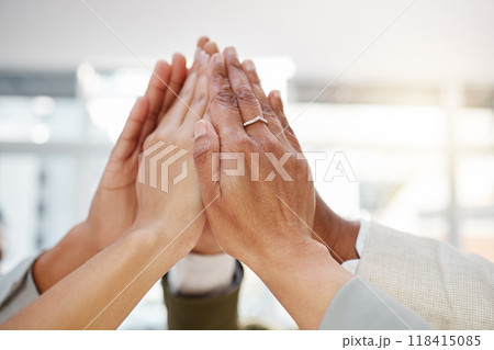Business people, hands together and high five, support with team solidarity and motivation in office. Success, collaboration and corporate group with teamwork, professional community and workforce 118415085