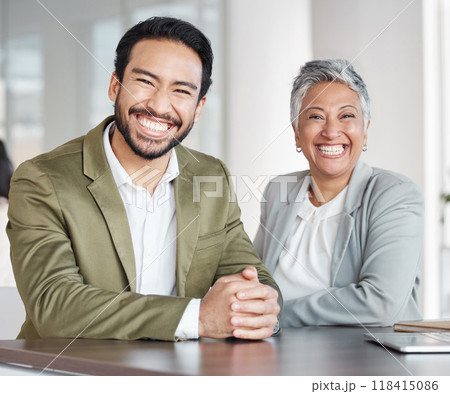 Business people, portrait smile and partnership at office for corporate leadership or management. Happy asian businessman and woman CEO smiling in teamwork, success or career ambition at workplace 118415086