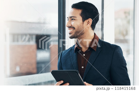 Window, happy man and tablet for architect vision, business mission or digital blueprint for real estate project. Realtor, property developer or person planning architecture engineering development 118415168