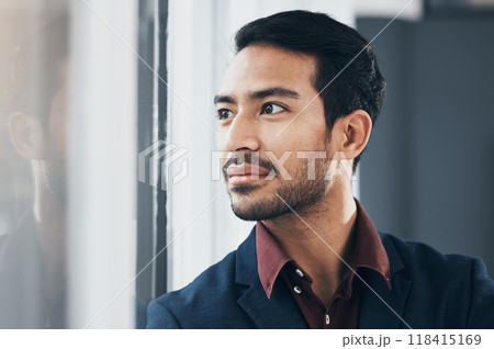 Window, face or architect man thinking of real estate project, office view or business mission. Relax expert realtor, property developer vision or person planning architecture engineering development 118415169
