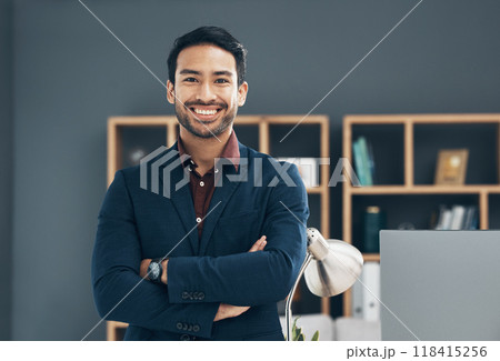 Office portrait, CEO and business man happy for startup law firm, corporate development or company success. Happiness, workplace and Taiwan lawyer with pride in career, job or professional growth 118415256