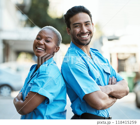 People, portrait and security guard smile with arms crossed in city for career safety or outdoor protection. Happy man and woman police officer in confidence, law enforcement or patrol in urban town People, portrait and security guard smile with arms crossed in city for career safety or outdoor protection. Happy man and woman police officer in confidence, law enforcement or patrol in urban town 118415259