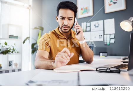 Phone call, confused and Asian man with problem in office for issue, mistake and error in office. Communication, business and male worker on smartphone talking, frustrated and consulting for help 118415290