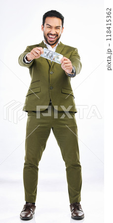 Money, cash and excited business man on studio background for bonus, financial savings and payment. Finance investment, winner and isolated happy male for winning, profit and stock market success 118415362