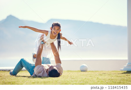 Love, father and girl in air, outdoor and happiness on summer vacation, break and relax together. Family, dad holding daughter to sky and parent with child, smile or quality time on grass and holiday Love, father and girl in air, outdoor and happiness on summer vacation, break and relax together. Family, dad holding daughter to sky and parent with child, smile or quality time on grass and holiday 118415435