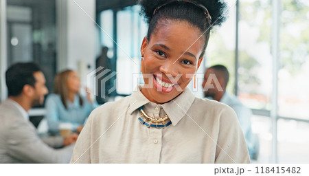 Portrait, smile and a business black woman in the boardroom with her team for a planning meeting. Face, management and a happy young professional employee in the office for corporate collaboration 118415482