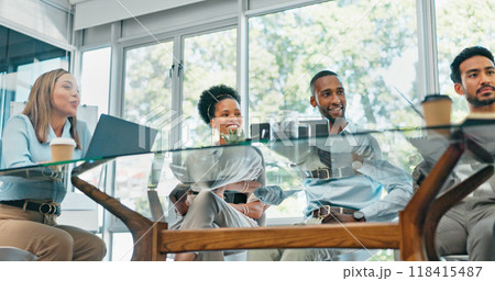 Meeting, teamwork and diversity with a group of business people in a boardroom together for strategy. Collaboration, technology or planning with an employee team in an office for game plan discussion 118415487
