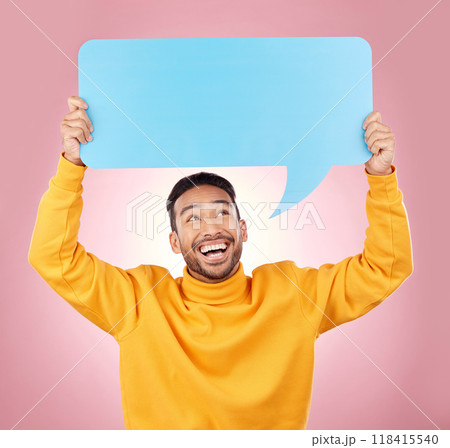 Speech bubble, wow and man or student presentation, news or announcement for college opportunity. Excited, quote and information of happy person for university communication on studio pink background Speech bubble, wow and man or student presentation, news or announcement for college opportunity. Excited, quote and information of happy person for university communication on studio pink background 118415540