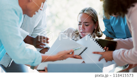 Business, stress and chaos by woman in office overwhelmed by team with compliance documents. Workload, anxiety and lady manager with time management fail, problem for tax, audit or paperwork question Business, stress and chaos by woman in office overwhelmed by team with compliance documents. Workload, anxiety and lady manager with time management fail, problem for tax, audit or paperwork question 118415573