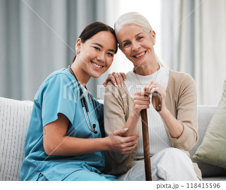 Nurse, elderly woman and sofa for portrait, walking stick and smile together with happiness, chat and care. Senior patient, asian doctor and couch with helping hand, happy and connection for support 118415596