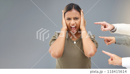Shouting, pointing and fingers with portrait of woman for bullying, shame and accusation with mockup. Fraud, blame and judgment with employee for negative, conflict and responsible in workplace Shouting, pointing and fingers with portrait of woman for bullying, shame and accusation with mockup. Fraud, blame and judgment with employee for negative, conflict and responsible in workplace 118415614