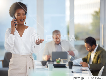Business, black woman and phone call in meeting for schedule conversation or corporate discussion at office. Happy African American female leader talking on smartphone and explaining company strategy Business, black woman and phone call in meeting for schedule conversation or corporate discussion at office. Happy African American female leader talking on smartphone and explaining company strategy 118415622