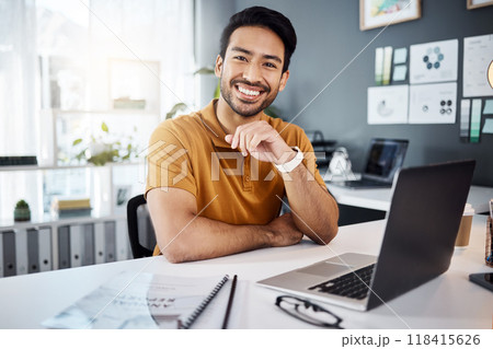 Smile, confidence and portrait of a man in the office with a laptop working on a corporate project. Happy, success and professional male employee doing business research on computer in the workplace. 118415626