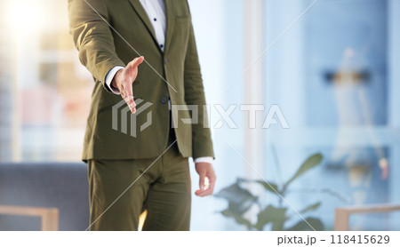 B2b, job interview or businessman shaking hands in deal, collaboration meeting or startup project partnership. Success, CEO or handshake for sales goals, bonus target or hiring agreement in office 118415629