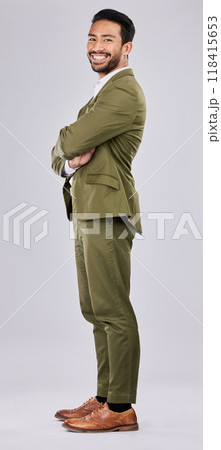 Fashion, ceo and portrait of business man on white background for success, leadership and confident. Corporate mockup, boss and male with crossed arms, happy and smile in professional suit in studio 118415653