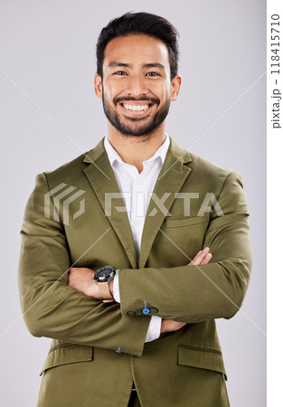 Leadership, smile and portrait of business man on white background for success, power mindset and confidence. Corporate fashion, ceo and happy male with crossed arms in professional clothes in studio 118415710