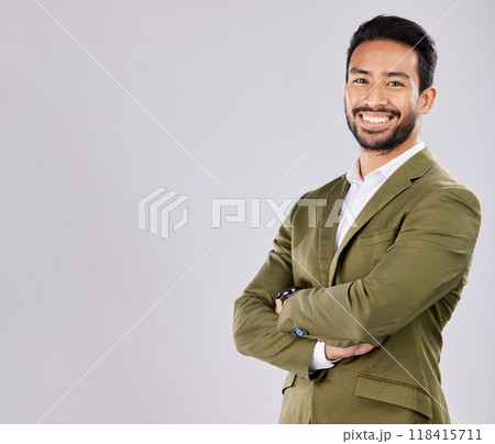 Mockup, business and portrait of man with smile on white background for success, leadership and confidence. Copy space, crossed arms and happy male in professional clothes for advertising in studio Mockup, business and portrait of man with smile on white background for success, leadership and confidence. Copy space, crossed arms and happy male in professional clothes for advertising in studio 118415711